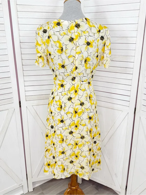 Hugo Buscati Floral Silk‎ Dress Yellow Size 6 Fit Flare Retro Twee Summer - Image 4