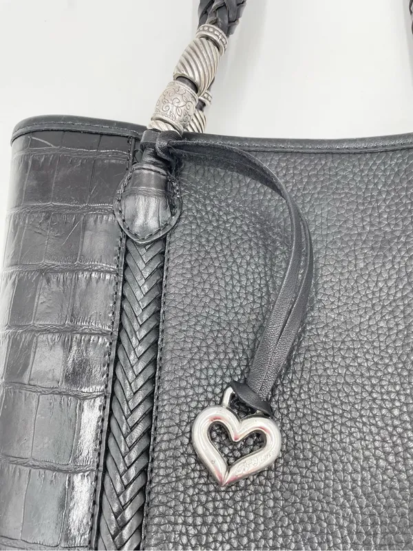 Vintage Brighton Black Pebbled Leather Croc Embossed Shoulder Bag Bucket Tote - Image 5