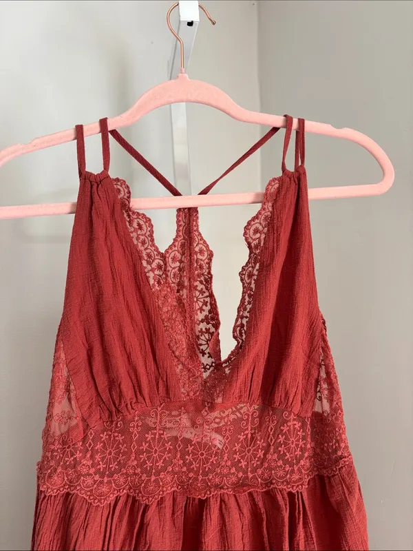 Lush Rust Red Lace-Trim Sleeveless Midi Boho Sun Dress Western Cottage Size S - Image 5