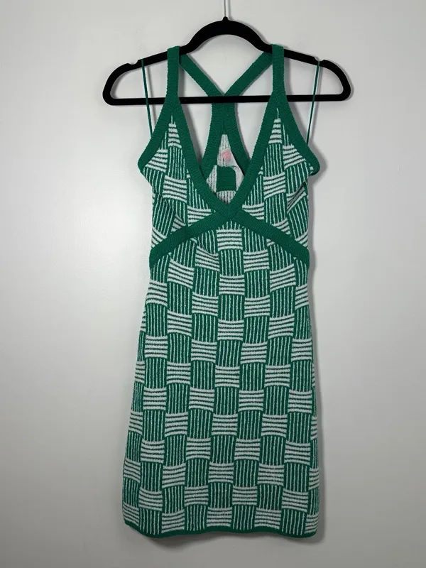 Free People Beach Women’s Green & White Terry Knit Mini Dress Size Small Boho - Image 2