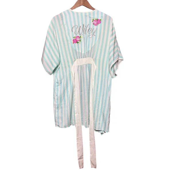 Betsey Johnson Medium Wifey Embroidered Striped‎ Robe Mint Green White Floral - Image 5