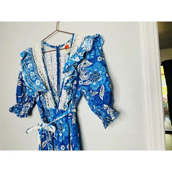 FARM RIO Blue Floral Pattern Full of Flowers Tapered Fit Jumpsuit Size XS - Image 6