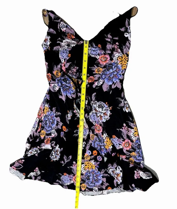 Free People Happy Heart Floral Mini Dress Small Black Purple Ruched Tie Front Sm - Image 7