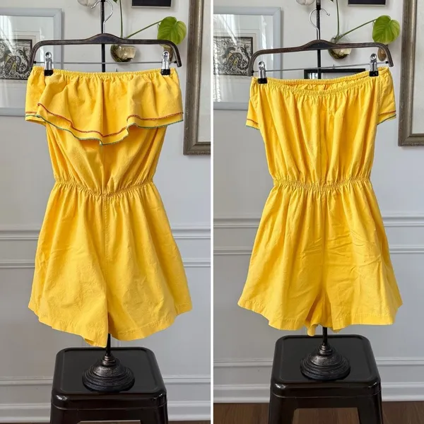 Vintage 80s Maurice Michaels Yellow Romper Ruffle M L - Image 2