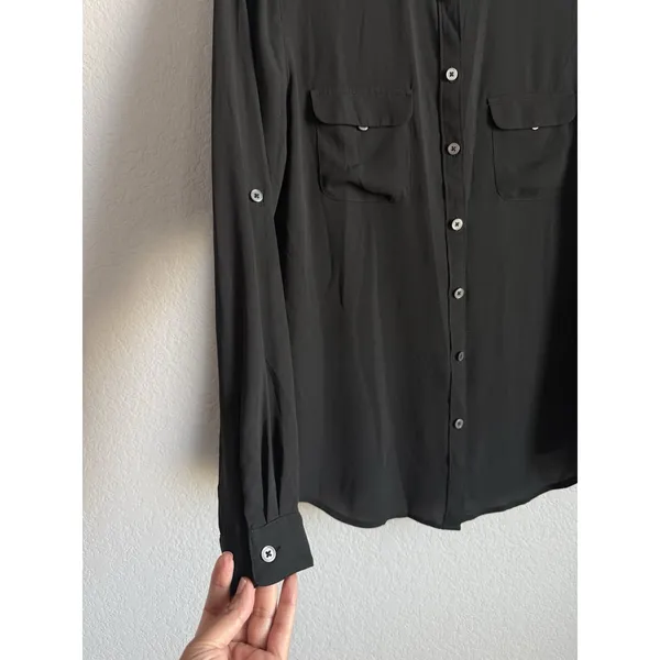 LOFT Black Utility Blouse Shirt Long Sleeve Roll Tab Button Down Pocket Top S - Image 4