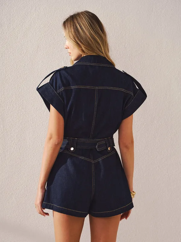 Commense Denim Belted Collar Romper NWT Navy Relaxed Fit Belted Shorts Medium - Image 3