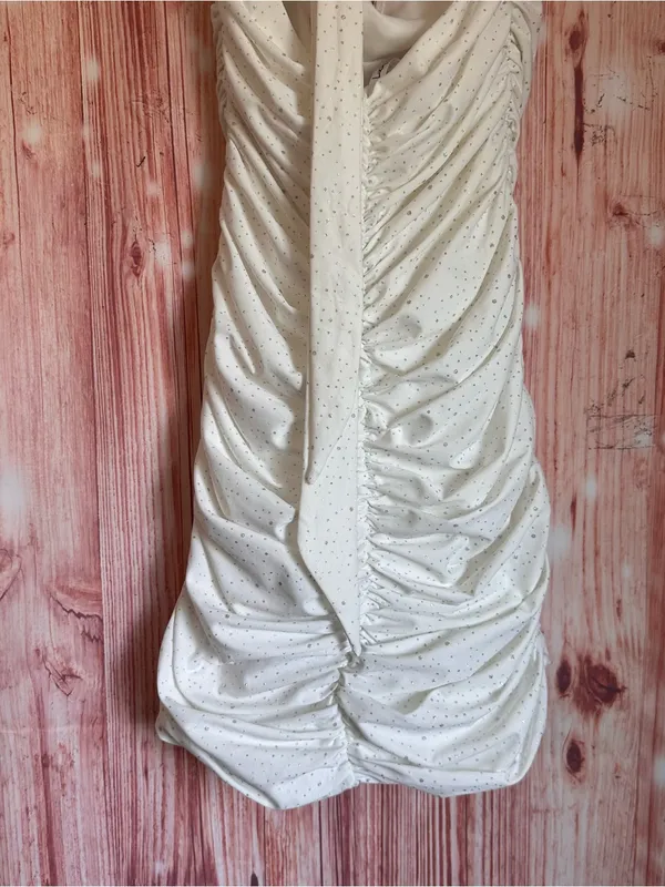 Lucy in the Sky Boop Rhinestone Bodycon Mini Dress White Ruched Halter Party M - Image 9