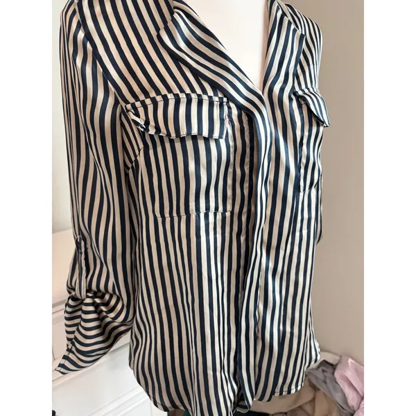 Love Culture coastal nautical Striped Satin Blouse Navy Cream Roll Tab Sleeve Button Up - Image 2