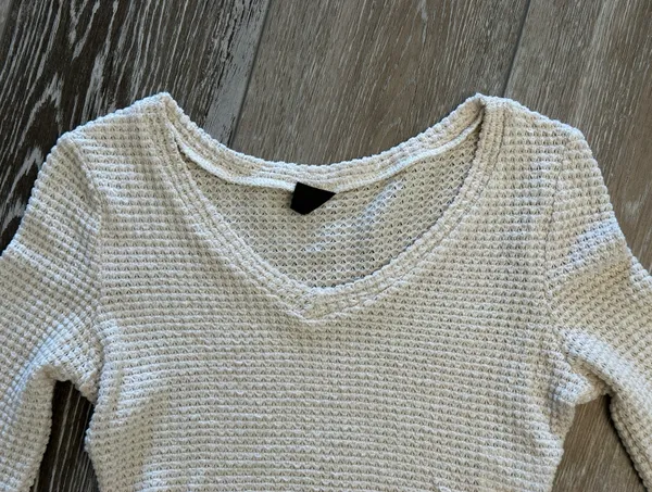 SheIn Sz S Long Sleeve Waffle Weave Cream Ivory Knit Top - Image 3