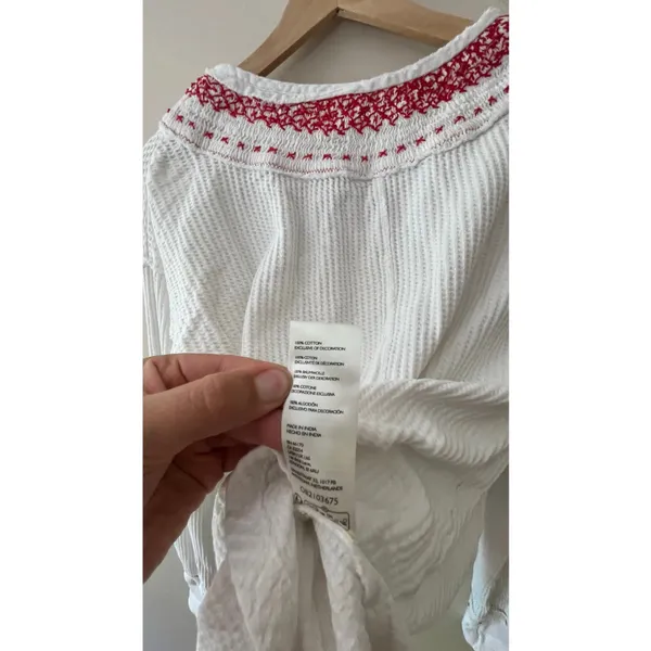 Free People We The Free White Waffle Knit Henley Top Red Embroidery Small - Image 6