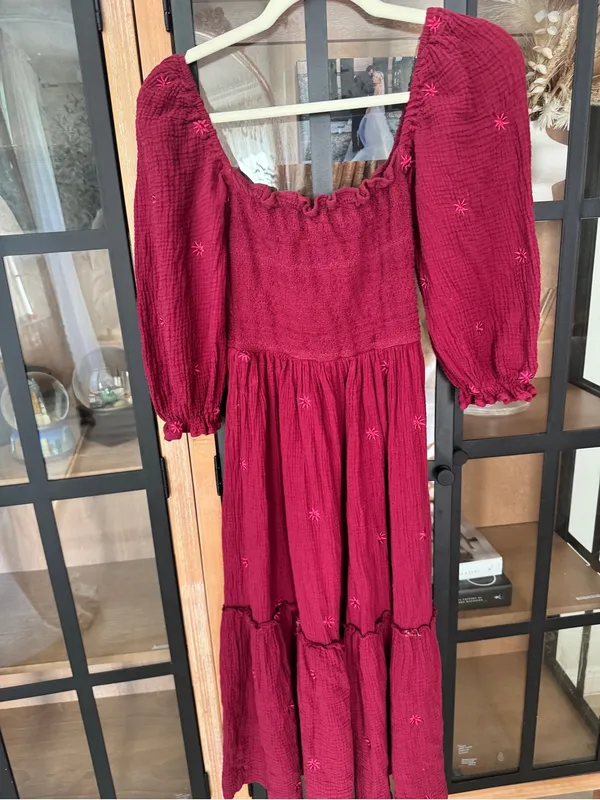 Amazon Dahlia maroon Smocked midi dress maxi square neck tiered daisy embroidered wine - Image 5