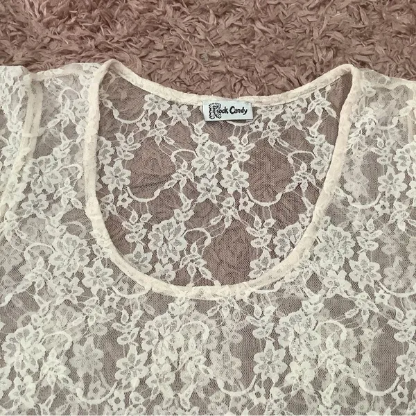 Rock‎ Candy Coquette Pastel Pink Lace Sheer Ruffle Blouse Size Small - Image 5