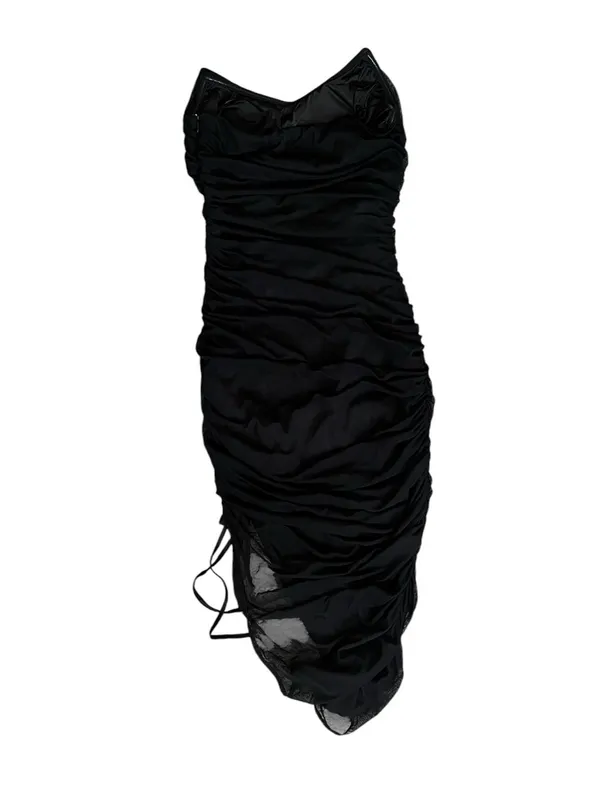 MABLE Simone Black Ruched Mesh Asymmetrical Drawstring Midi Dress Bodycon M - Image 3
