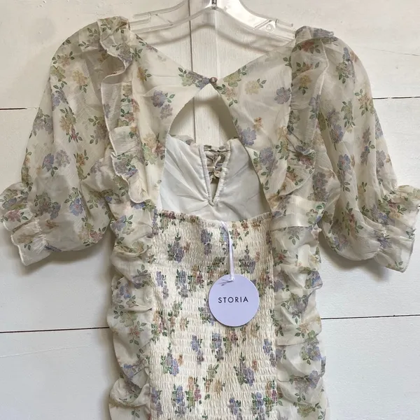 Storia Floral Mesh Ruched Off Shoulder Mini Dress‎ - M NWT - Image 8