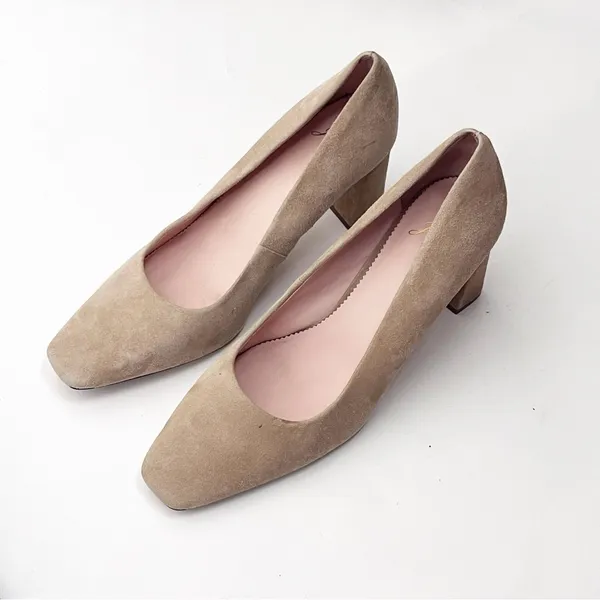 J. CREW Tan Suede Closed Square Toe Slip On Chunky Block Heels 9 Office Neutral - Image 8