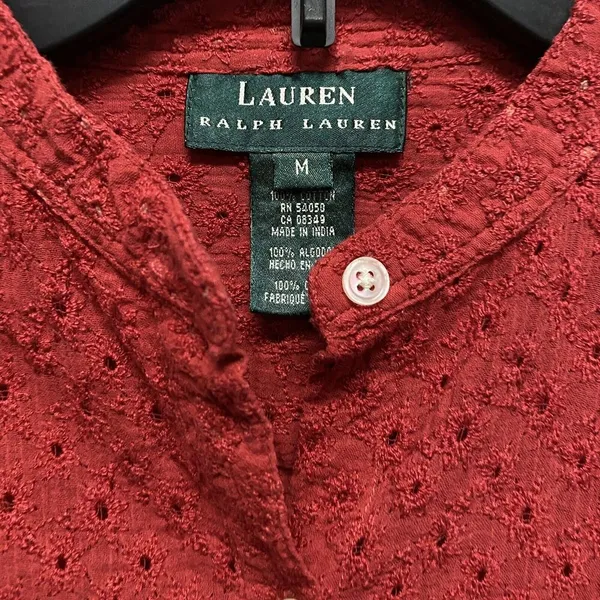 Lauren Ralph Lauren Red Eyelet Button Up Shirt Women Medium Roll Up Sleeve LRL - Image 5