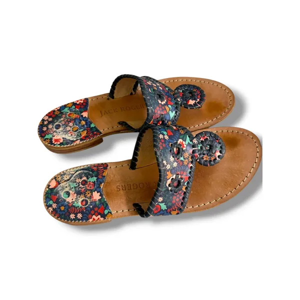 Jack Rogers Jacks Flat Sandals Navy Floral Leather Whipstitch Thong‎ Slide 9M - Image 3