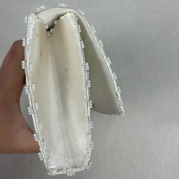 Vintage‎ Beaded Handmade Clutch Evening Handbag Ivory Satin Formal Party Bag - Image 7