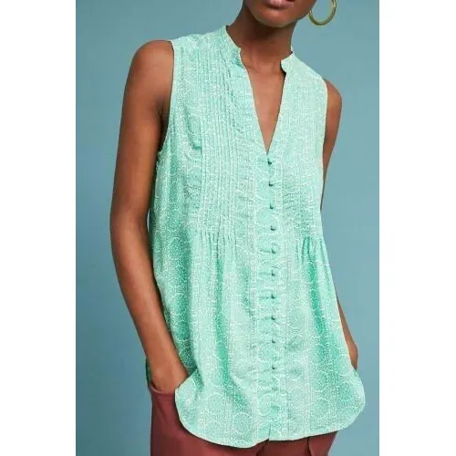 Maeve‎ Anthropologie Women Tunic Tank Top XS Green Medallion Pintuck Sleeveless - Image 4