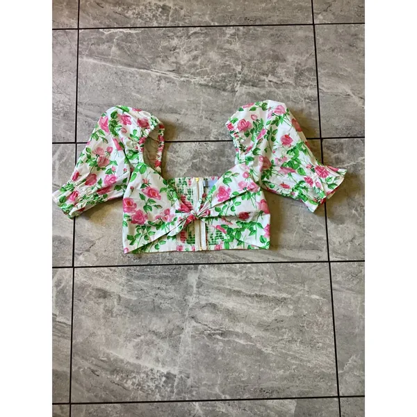 Hill House The Isabella Pink Rose Floral Puff Sleeve Smocked Crop Top XS Zip - Image 2