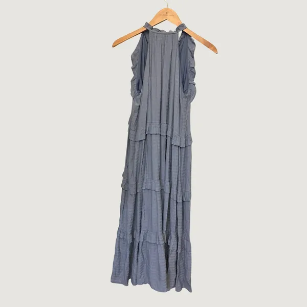 &merci Blue Ruffle Tiered Sleeveless Halter Maxi Dress S Boho Crinkle Flowy - Image 3