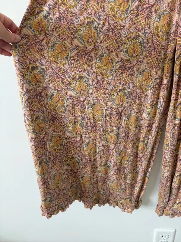Anthropologie Matilda Pink Yellow Floral Paisley Wide Leg Ruffle Jumpsuit S - Image 3