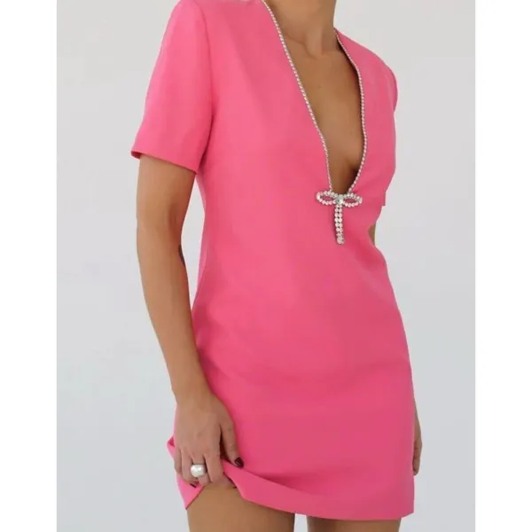 Anthropologie Rumored NWT Women Small Pink Crystal Bow Disco Mini Dress - Image 3