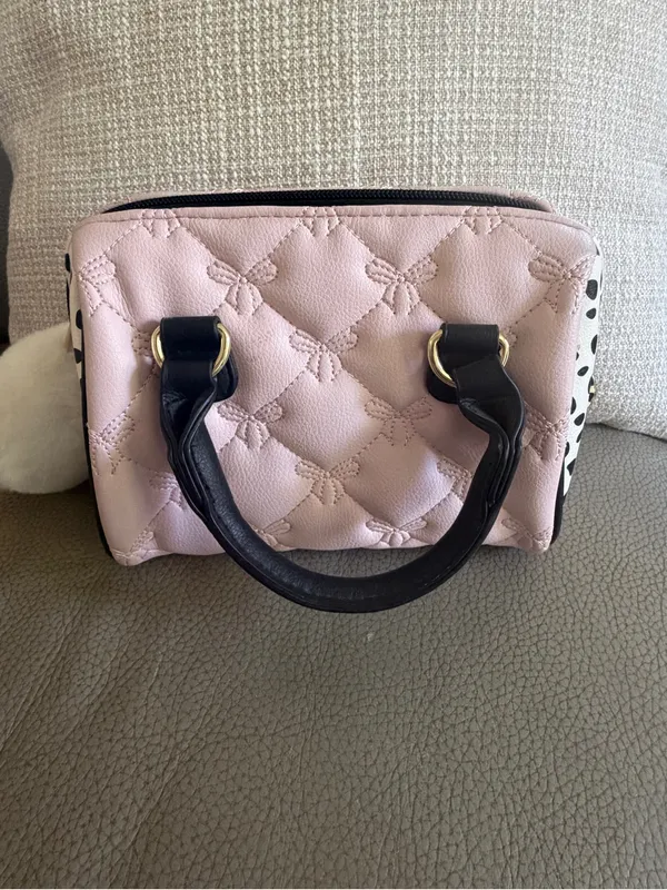 Betsey Johnson Quilted Pink Dome Satchel with Black Handles Bow Detail and Charm - Image 2