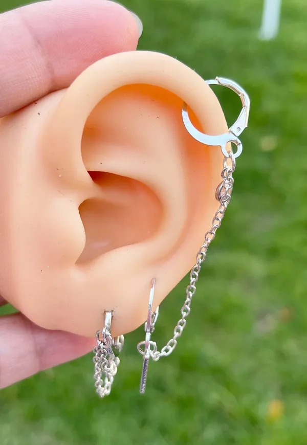 2 Pieces Silver Tone Chained Earrings Set - Image 4