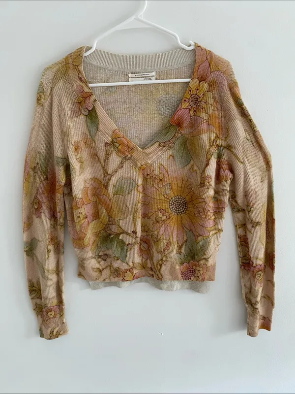 Anthropologie The Dreamer Floral Print Linen-Blend V-Neck Sweater Lightweight S - Image 2