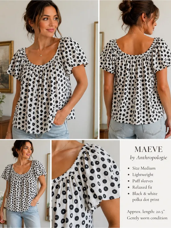 Maeve Anthropologie Polka Dot Peasant Blouse Medium Black White Puff Sleeve Top - Image 2