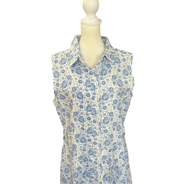 Kiel James Patrick Blue Floral Linen Blend Shirt Dress Nautical Cottage - Image 3