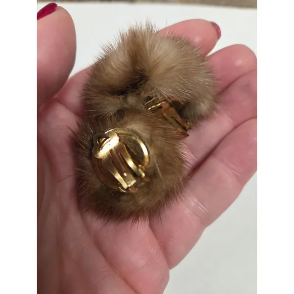 Vintage French Poodle Real Mink Pin Brooch w/ Matching Clip on Earrings Antique - Image 2