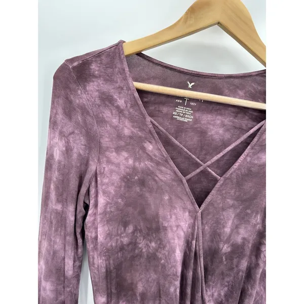 American Eagle Tie Dye‎ Boho Top Sz XS Purple Festival Hippie Gypsy Bell Sleeve - Image 4