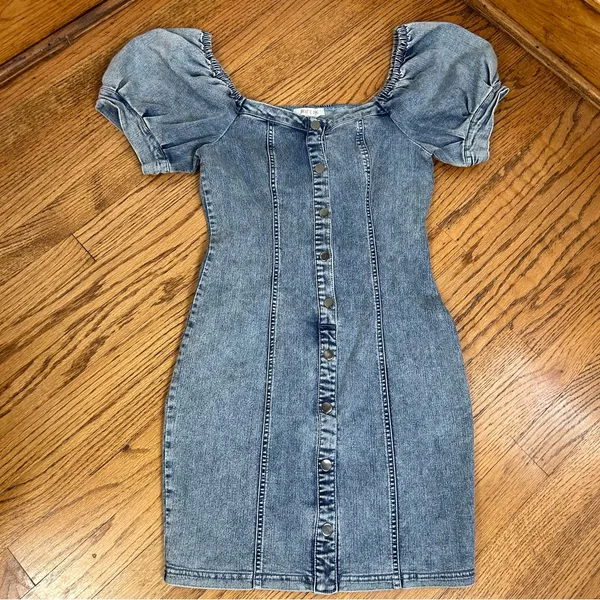 MELE E PERE | Acid Wash Denim Front Snap Puff Sleeve Stretchy Mini Dress Size S - Image 8