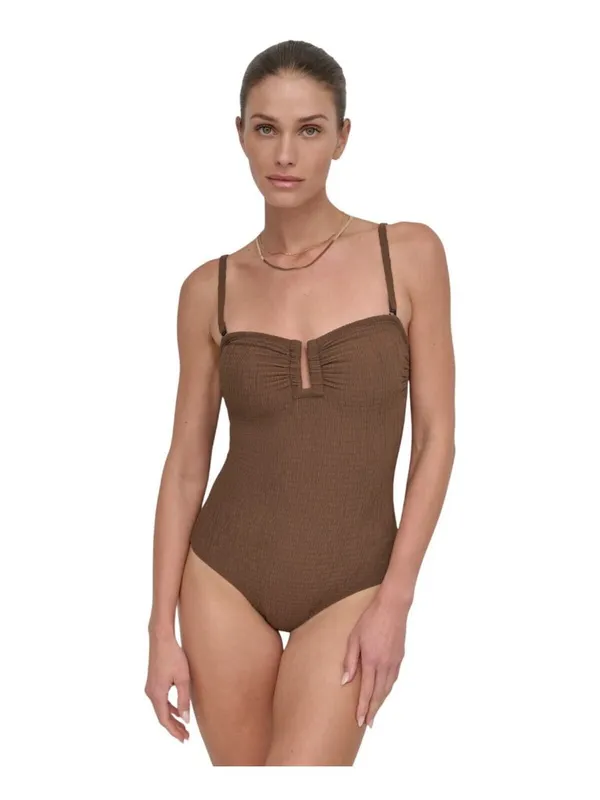 NEW DKNY Womens Textured Shirred One-Piece Swimsuit DIMMS605 Mocha Brown 2XL - Image 10