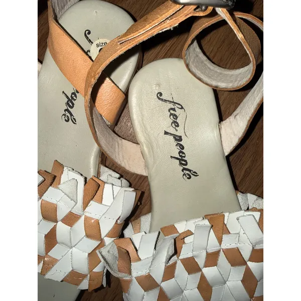 Free People Woven Leather Ankle Strap Platform Sandals Tan White Womens 6 Beach - Image 4