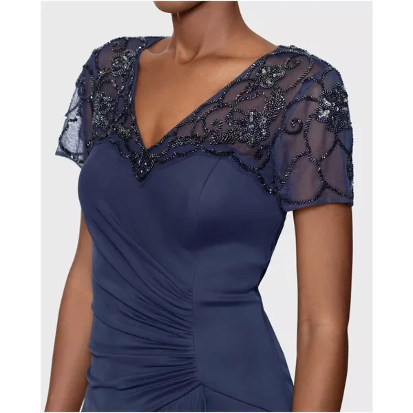 Xscape Carmen 5497X Gown Size 10 Charcoal Blue Beaded Mesh Ruched Formal NWT - Image 3