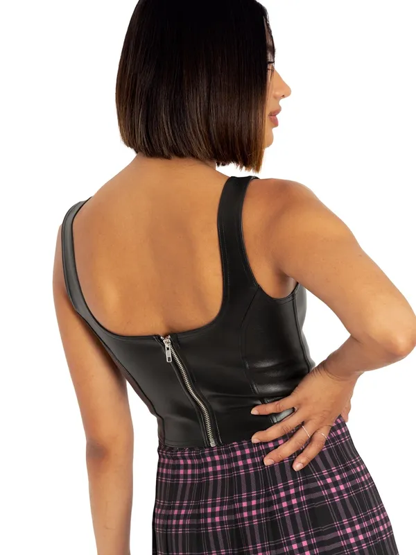 Blackmilk Black Faux Leather Corset Crop Top with Pink Lace-Up - Image 12