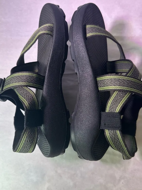 Chacos Black Sandal with Olive and Tan Striped Webbing - Image 9