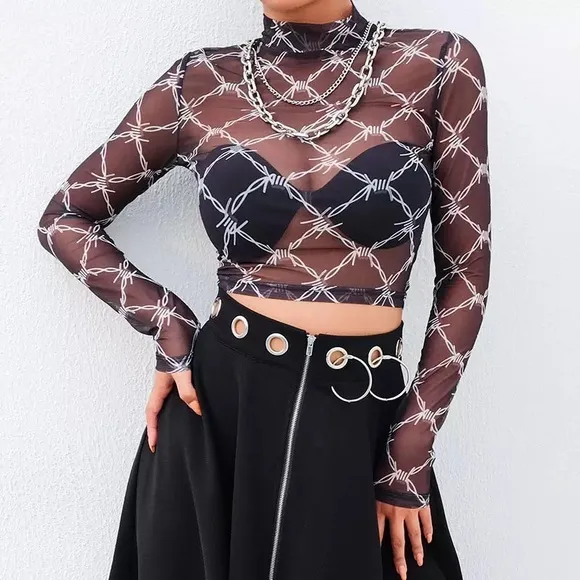 Women Mesh Tee Shirt Femme Long Sleeve Top - Image 4