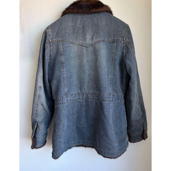 MARVIN RICHARDS Vtg 90s Faux Fur Lined Denim Penny Lane Jean Coat Womens Medium - Image 2