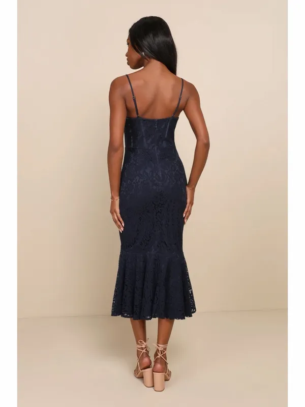NWT Lulus Found Your Love Navy Blue‎ Lace Sleeveless Trumpet Midi Dress - Image 3