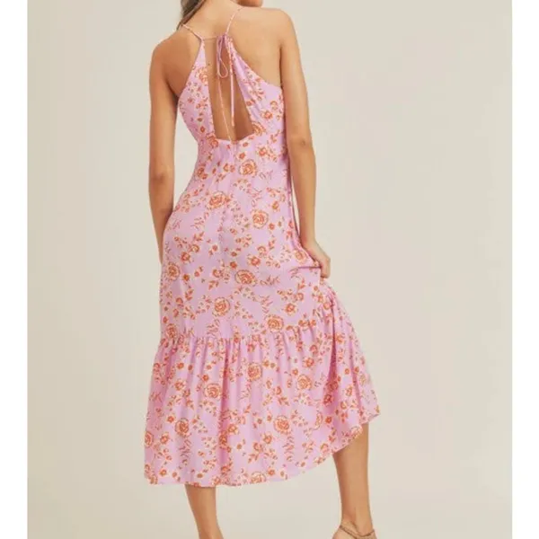 NEW Pink Floral Open Back Midi Dress S - Image 2