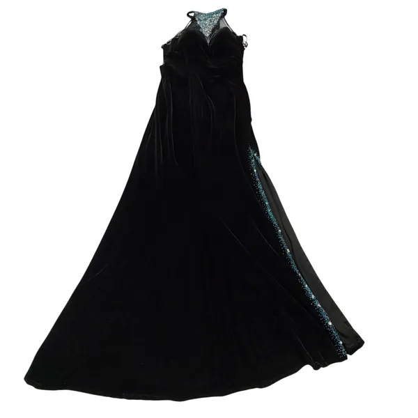 Vintage Black Velvet Evening Gown with Beaded High Neck and Mesh Detailing - Image 7