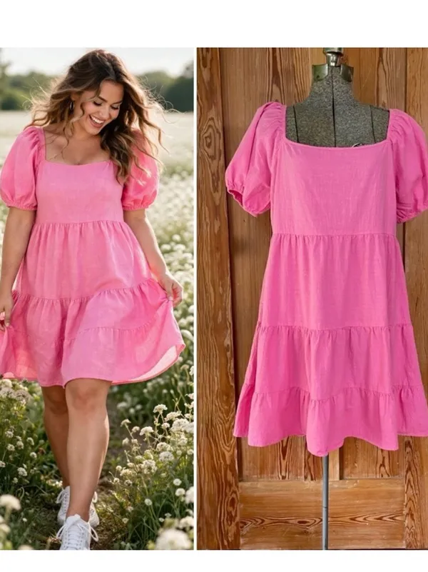 Luukse Bright Pink Tiered Babydoll Dress Puff Sleeve Cottagecore XL💛 - Image 2