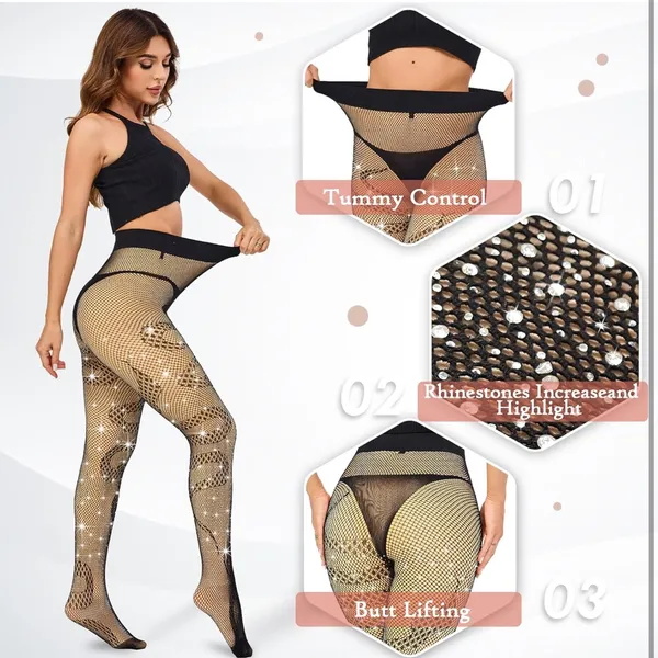 Sparkling Black Fishnet Tights with Snake Designs MED - Image 3