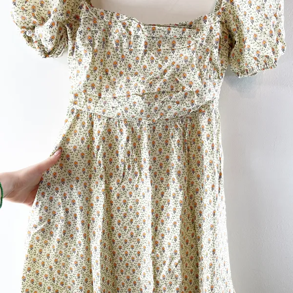 O.P.T Square Neck Short Puff Sleeve Floral Cotton Lined Midi Dress Cream Large - Image 6