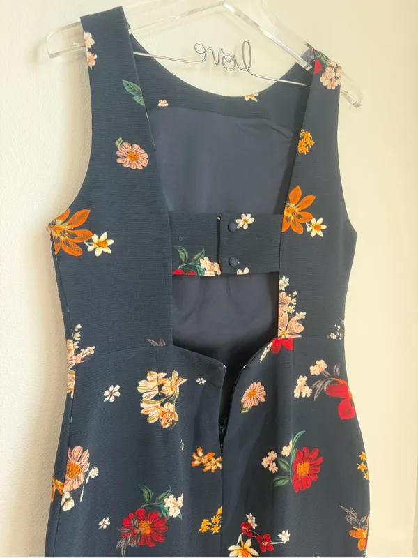 Zara Navy Midi Dress with Red, Pink & Orange Floral Print - Image 4