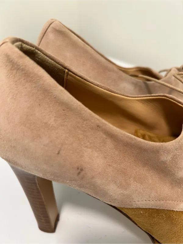 J Crew Peep Toe Suede Oxford Heels Tan Camel Two Tone Size 8 - Image 16